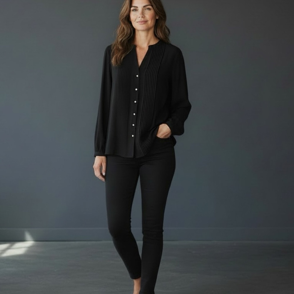 ❤️ NWT! Calvin Klein Black Lightweight Flowy Pintuck Blouse